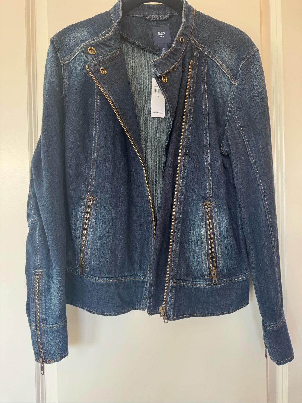 NWT GAP Factory Dark Blue Denim Moto Jacket with Gold Hardware Women’s